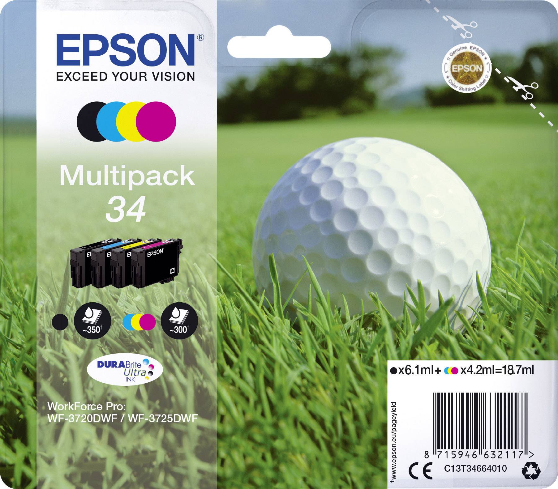 An Epson printer cartridge multipack with four colours, beside a golf ball on green grass.