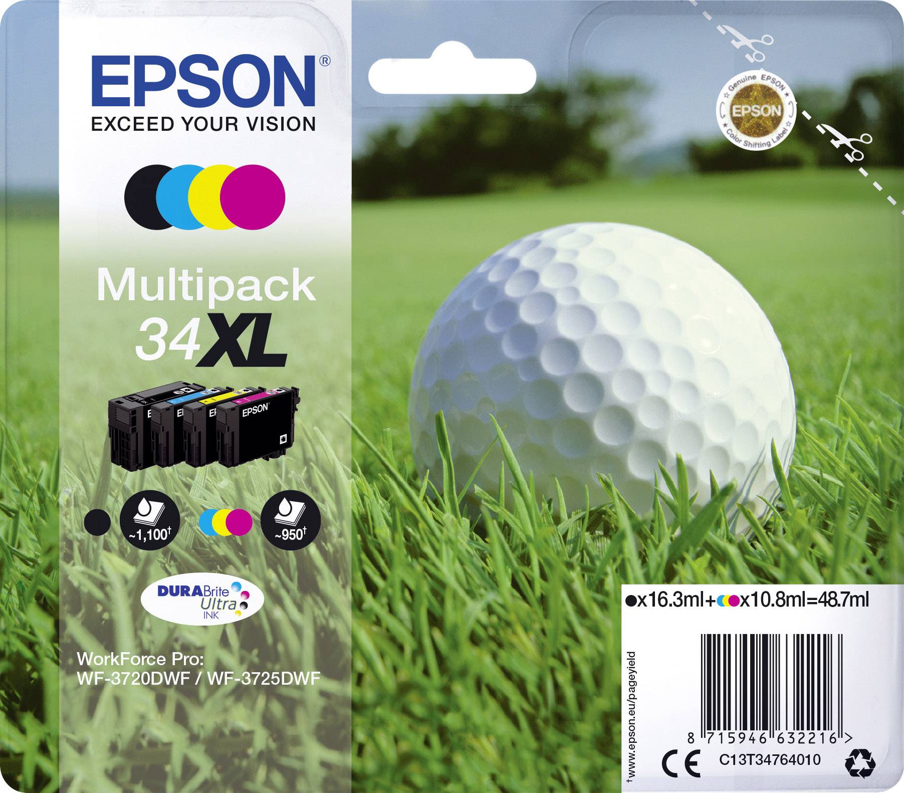 Epson Ink Cartridge Multipack (34 XL) with four colours. Pictured on a lawn with a golf ball. Compatible with WorkForce Pro WF-3720DWF/ WF-3725DWF.