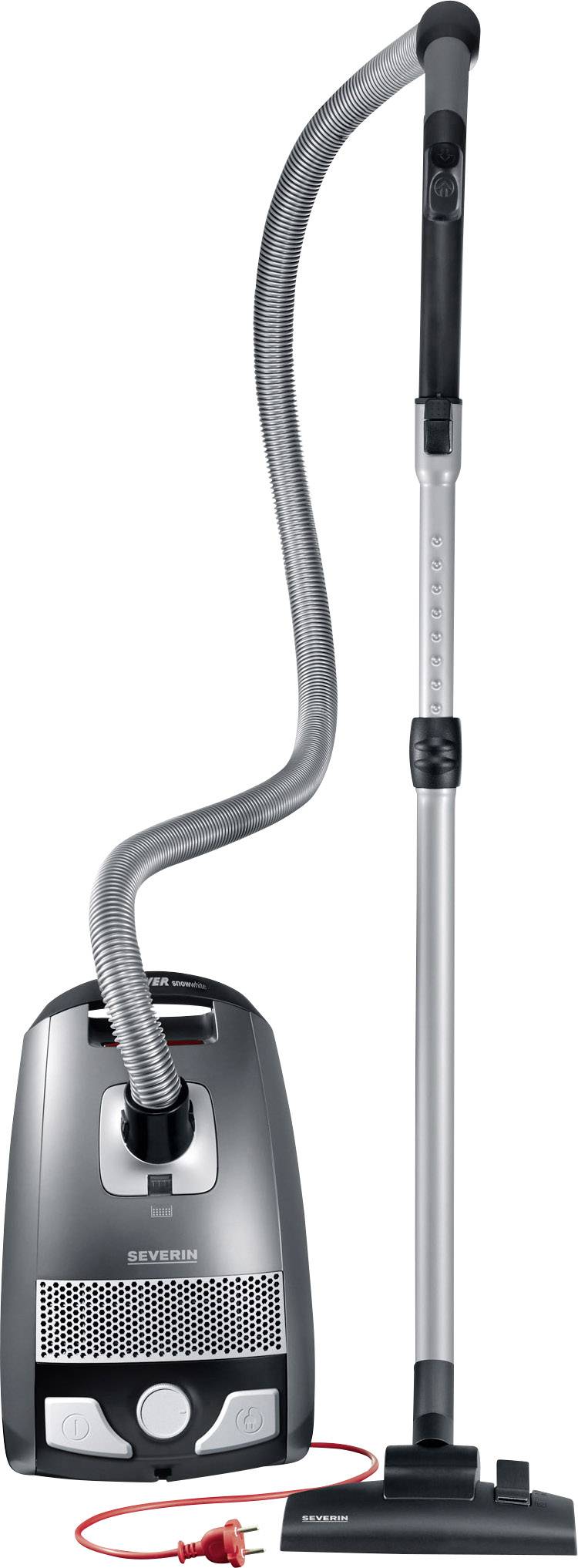 Vacuum cleaner with a grey design, telescopic tube and floor brush, with a red power cable beside it.