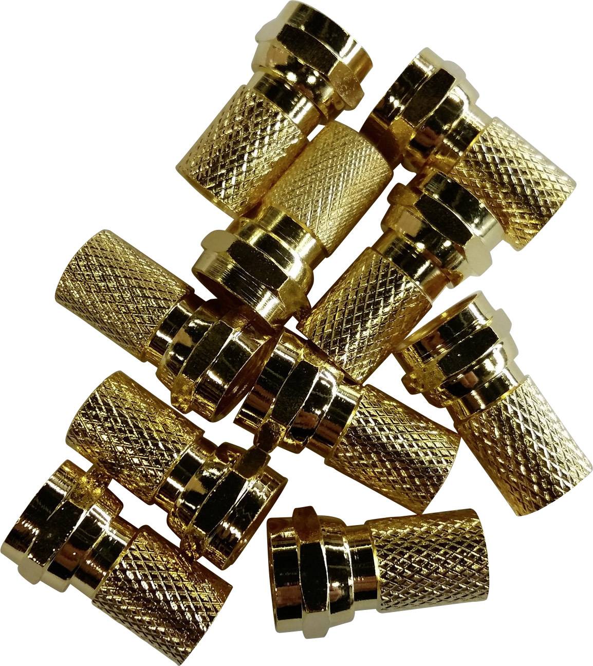 Golden F-connectors, interconnected, on a white background.