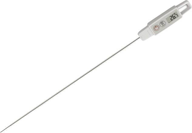 A digital kitchen thermometer with a long probe is displaying 26.4 degrees Celsius on the display.