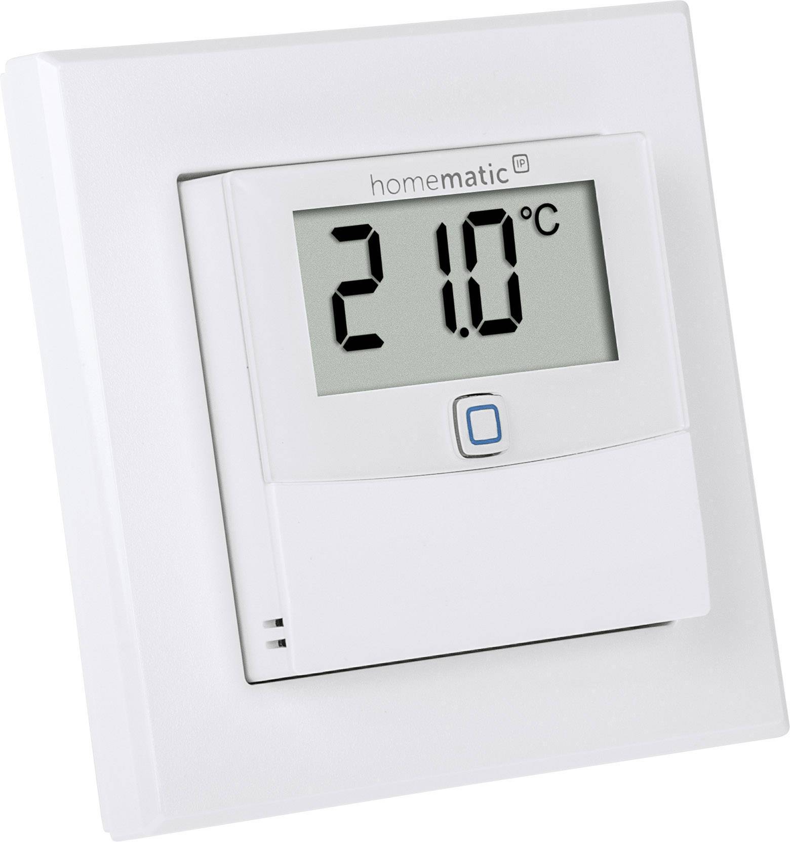 A digital thermostat shows 21.0 degrees Celsius.