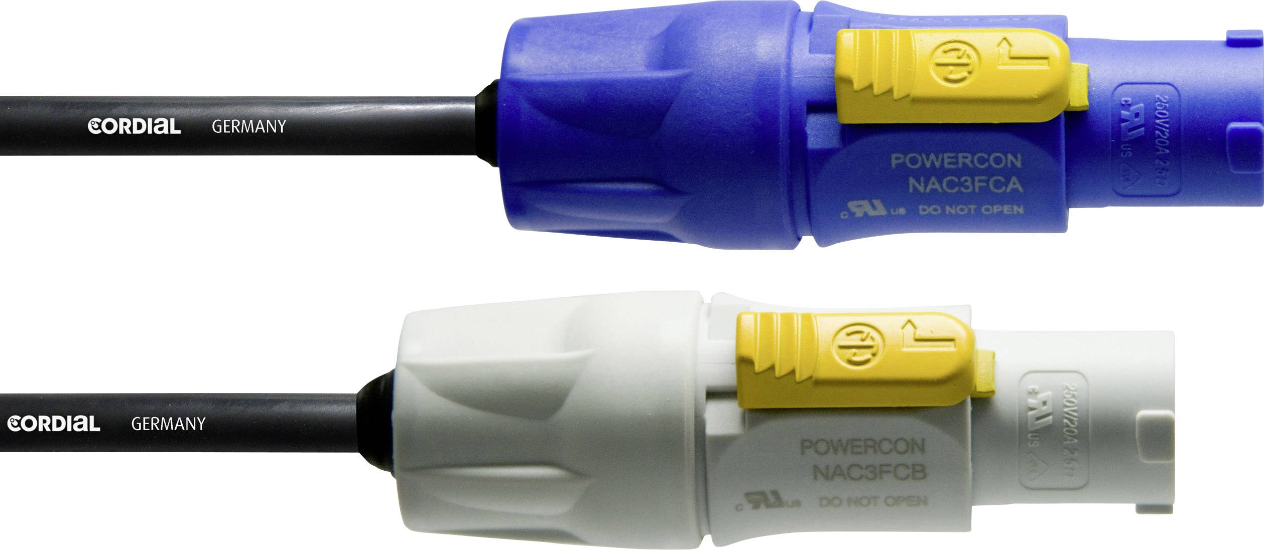 Two PowerCon connectors, one blue and the other grey, with a yellow slider, marked with 'Cordial Germany'.