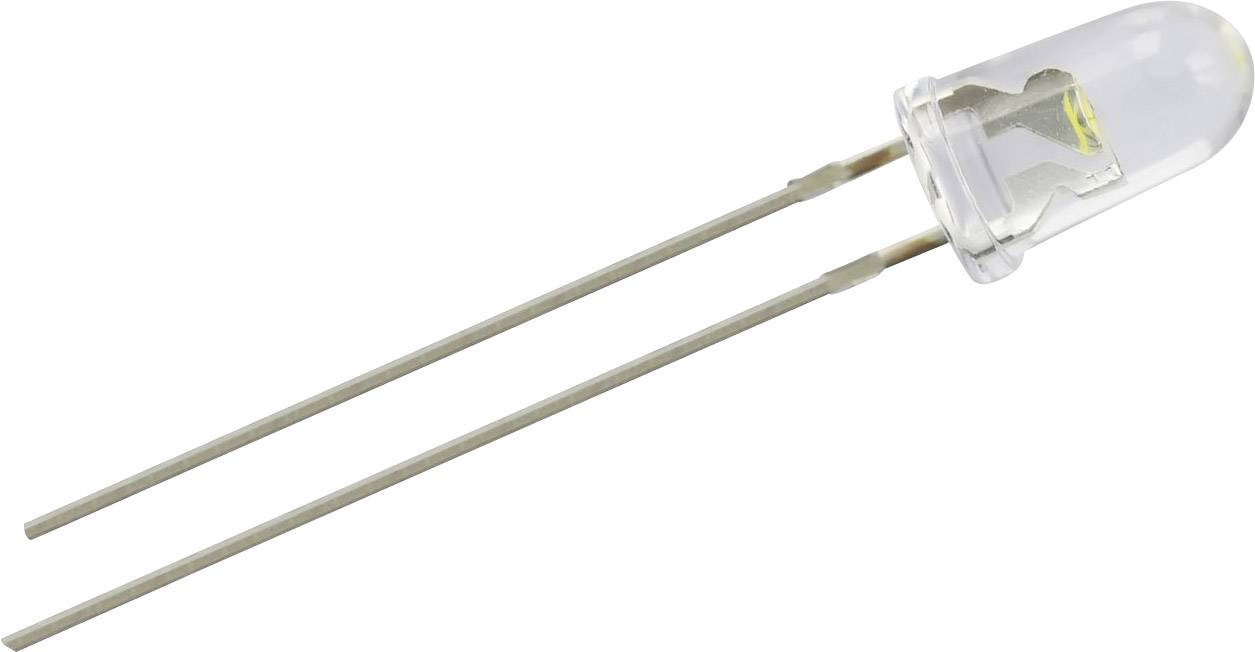A clear LED diode with two long metal leads that serve to conduct electricity.