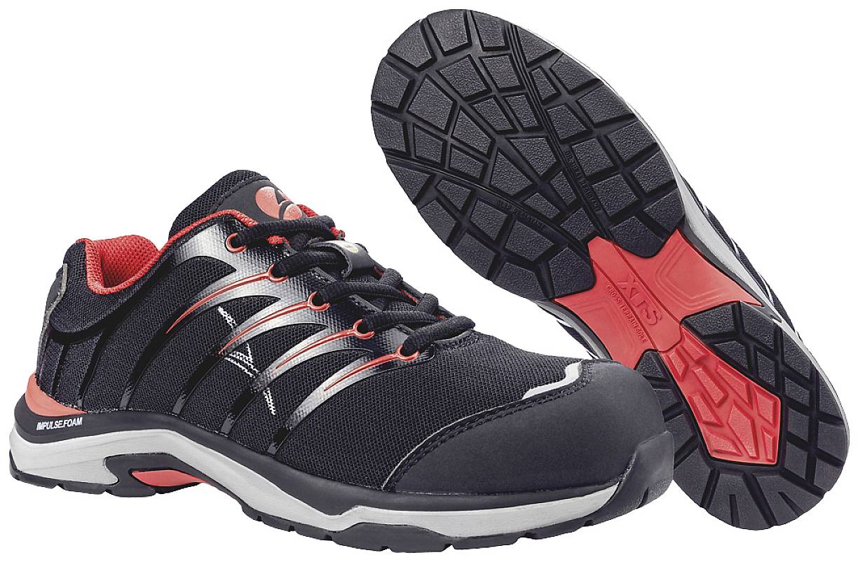 A pair of black sports trainers with red and silver accents. The sole displays a distinctive tread pattern.