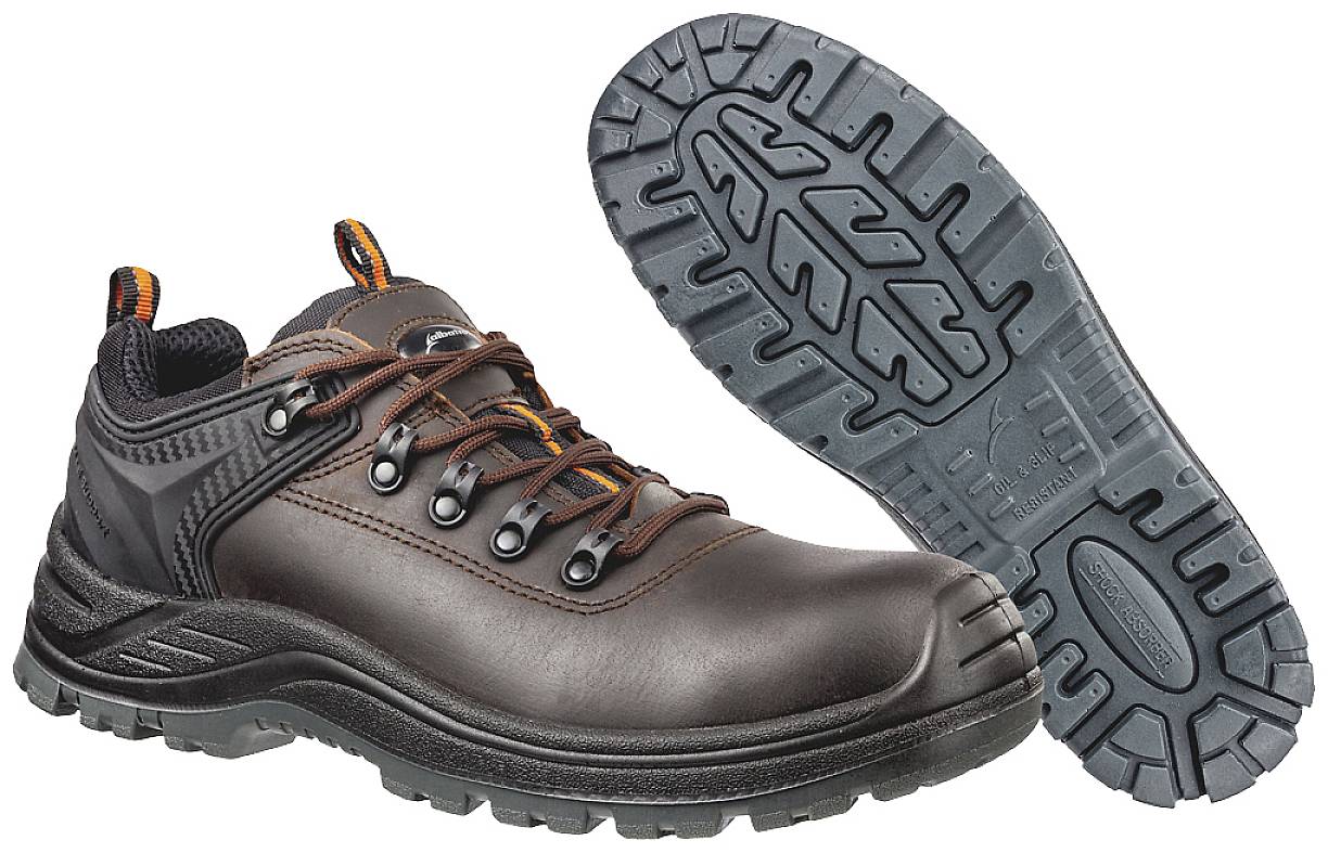 Brown leather work shoe with rubber sole; shows top view and sole profile. Suitable for construction or industrial environments.