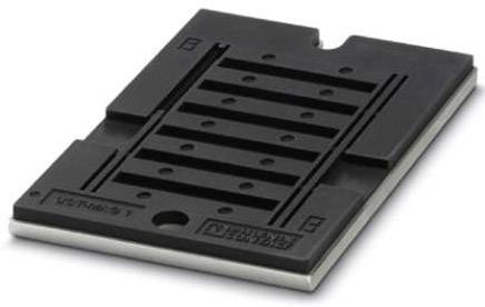 Black, rectangular plastic base with multiple horizontal slots and raised edges on a grey background.
