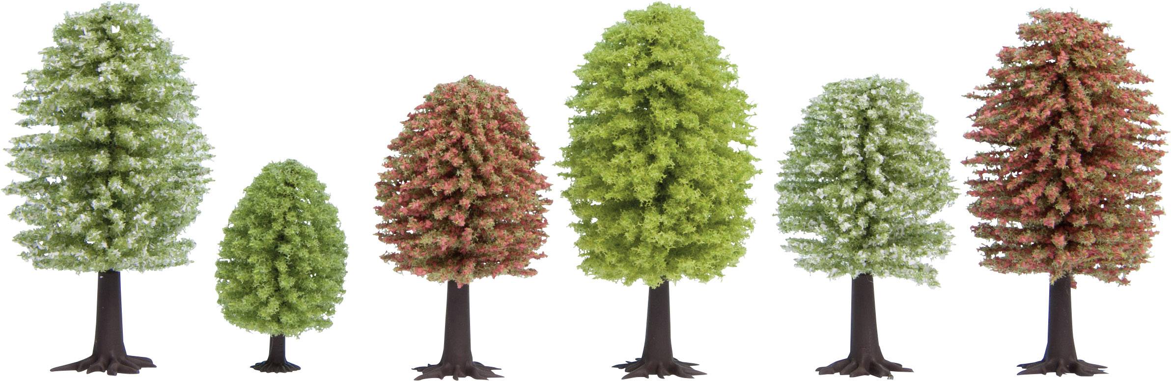 Model trees in various shades of green and autumn colours, increasing in size from left to right. Both coniferous and deciduous trees are depicted.