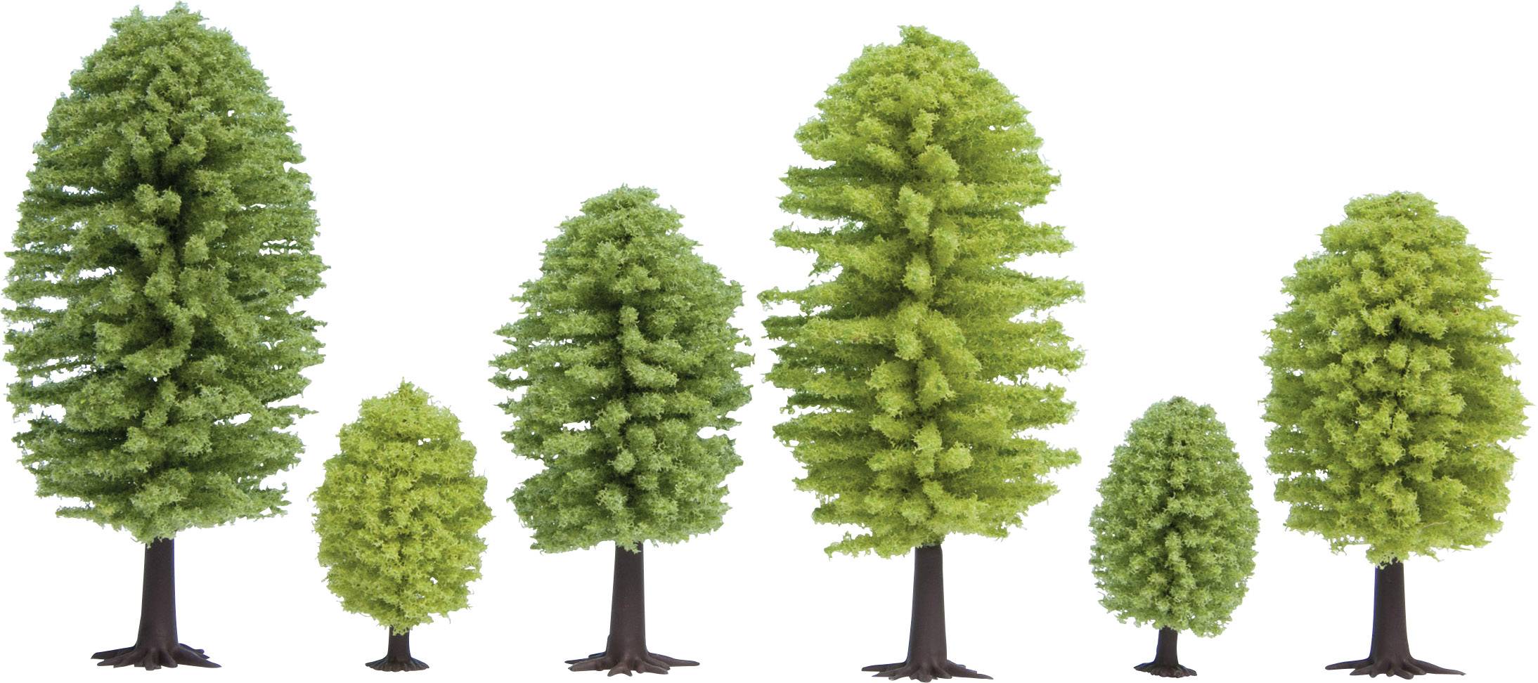 Six tree models in various sizes, decreasing from left to right, depicted against a white background.
