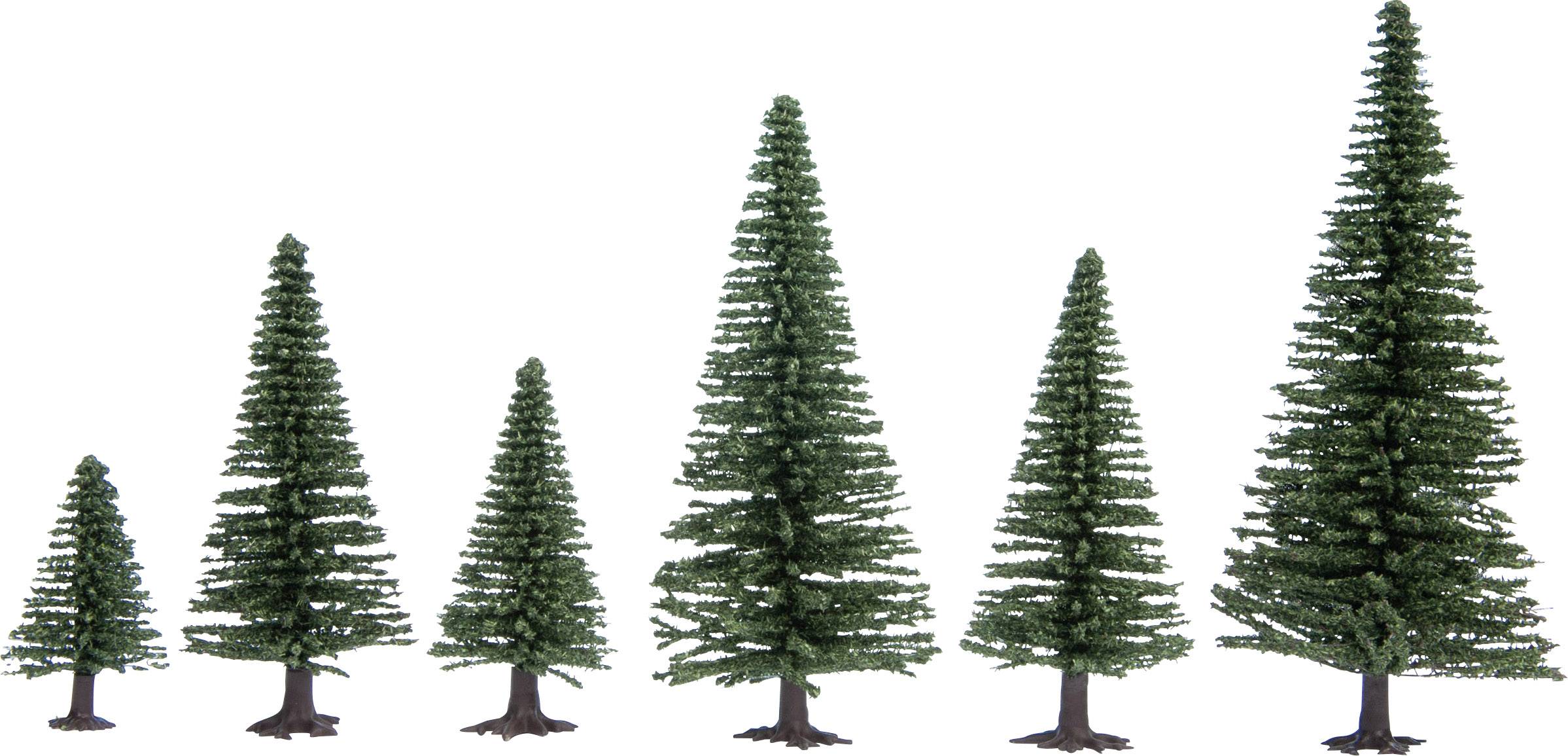 Six model trees in different sizes, arranged from small to large, on a white background.