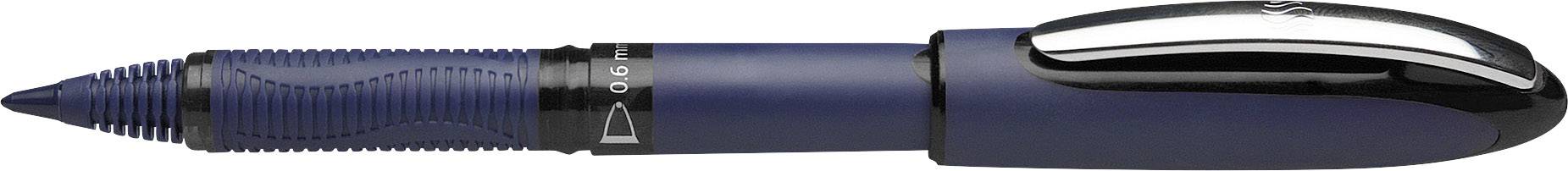 Blue pen with a silver cap and black grip, showing distinctive lines and shapes, suitable for writing or drawing.