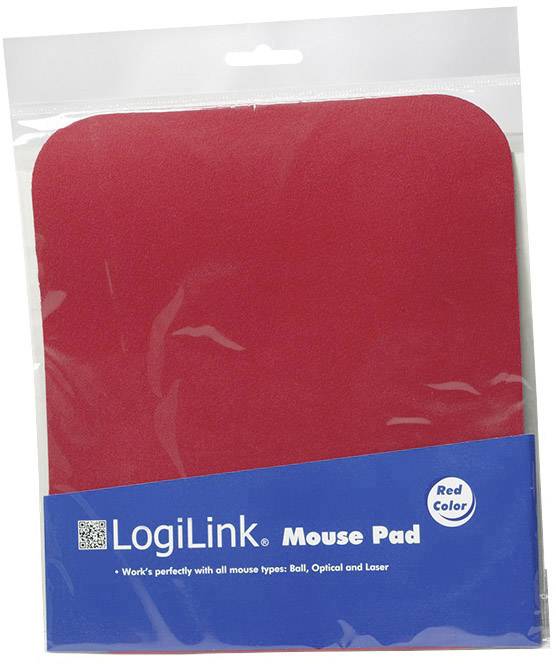Red mouspad by LogiLink in a transparent packaging with a blue label. Suitable for ball, optical, and laser mice.