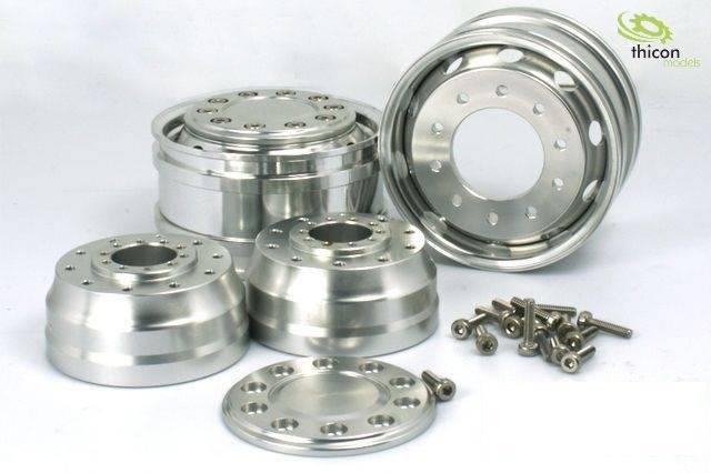 Several silver metal rims and screws are arranged neatly on a surface. A logo with the inscription 'thicon models' is located in the top right corner.