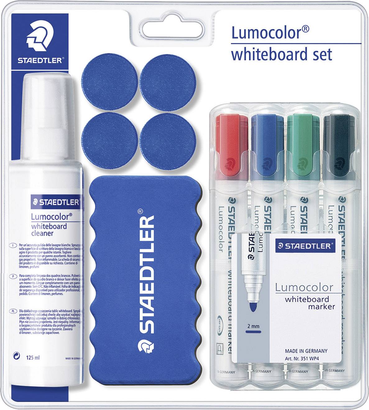 Lumocolor Whiteboard Set comprising a cleaner, four round magnets, a sponge and four coloured markers: red, blue, green, black.