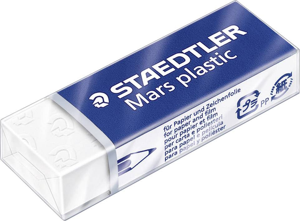 'Staedtler Mars Plastic' eraser in blue packaging, suitable for paper and film.