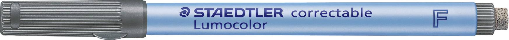 Blue pen with grey cap, labelled 'STAEDTLER correctable Lumocolor', shows eraser tip on the right.