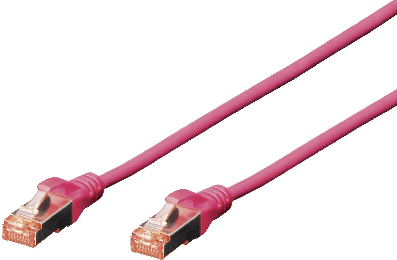 Two red Ethernet cables with RJ45 connectors, pointing in opposite directions, on a white background.