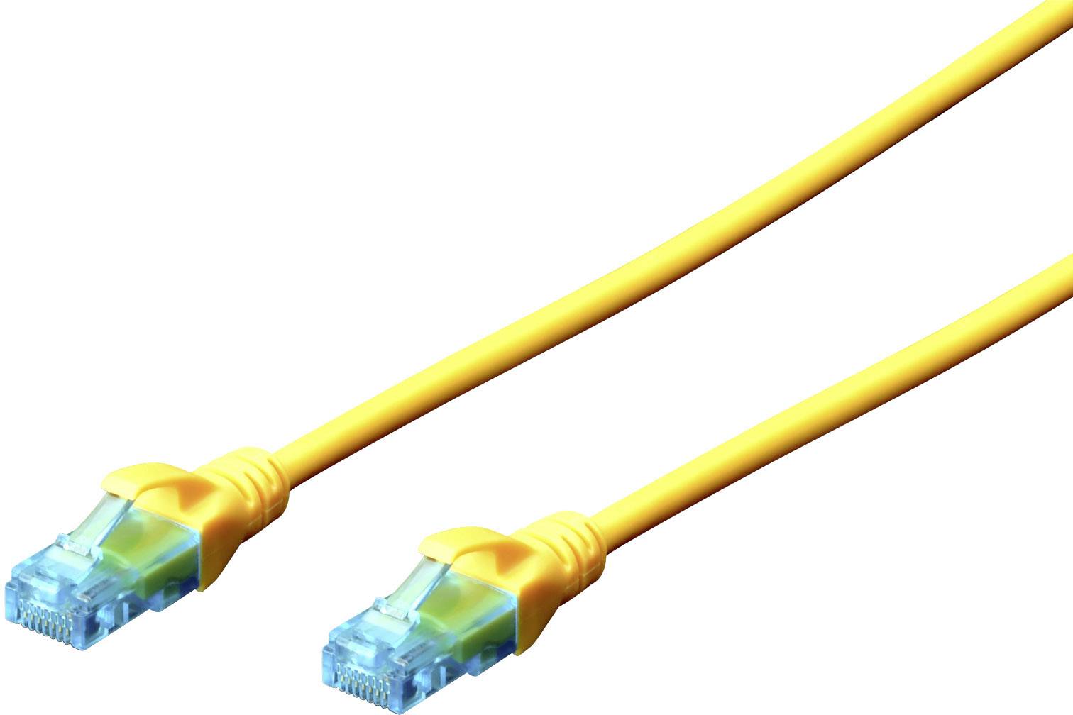 Yellow Ethernet cable with blue connectors at both ends, used for connecting and transmitting data in networks.