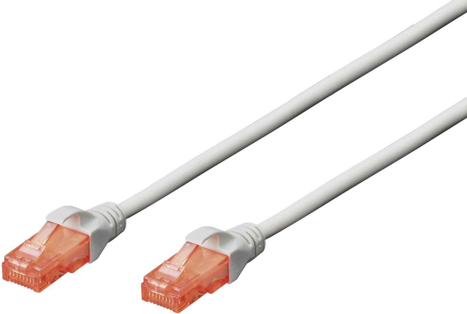 A grey Ethernet cable with orange connectors at both ends, used for network connections.