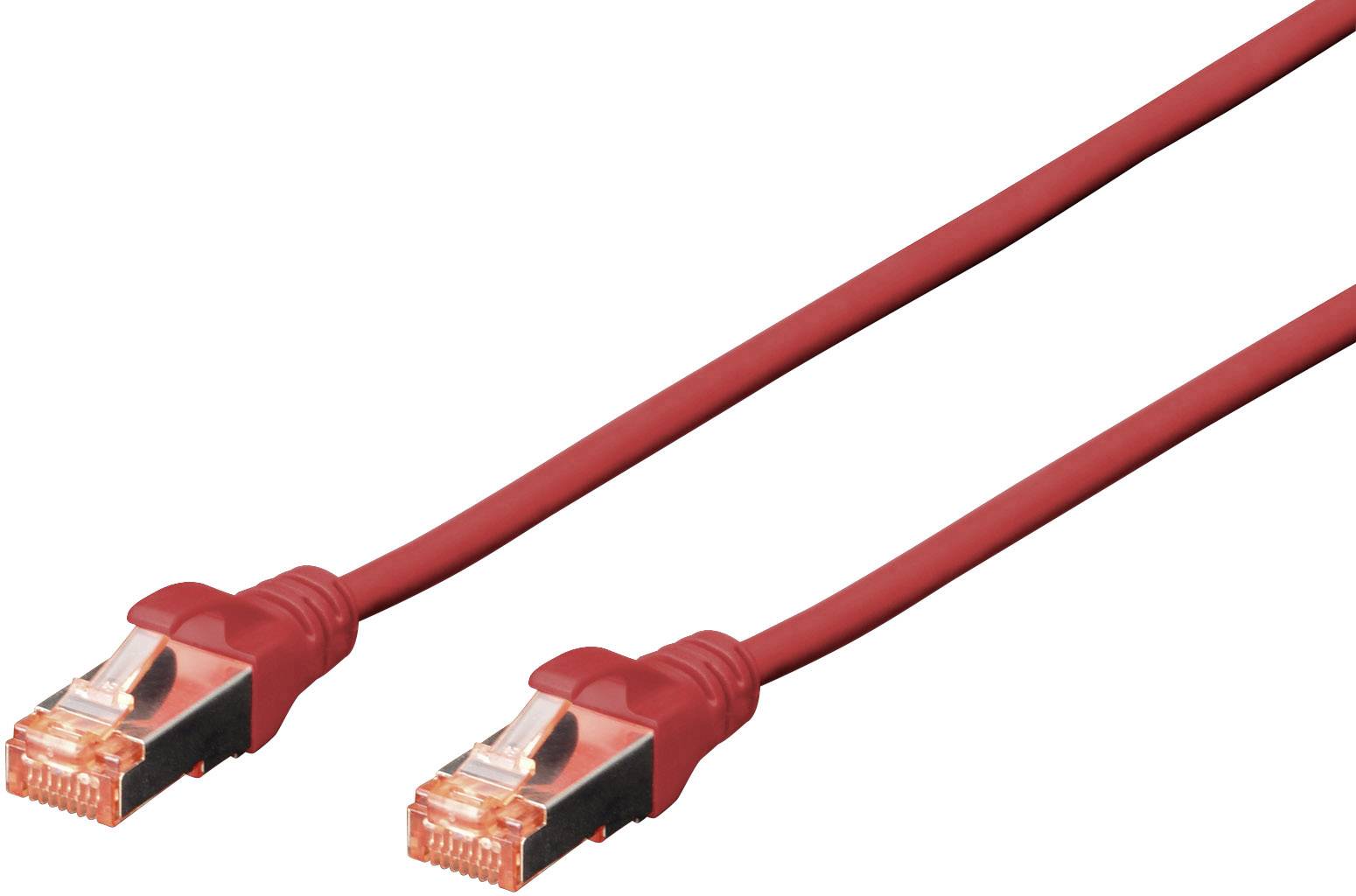 Red Ethernet cable with two RJ45 connectors on a white background, symbolising network or internet connection.