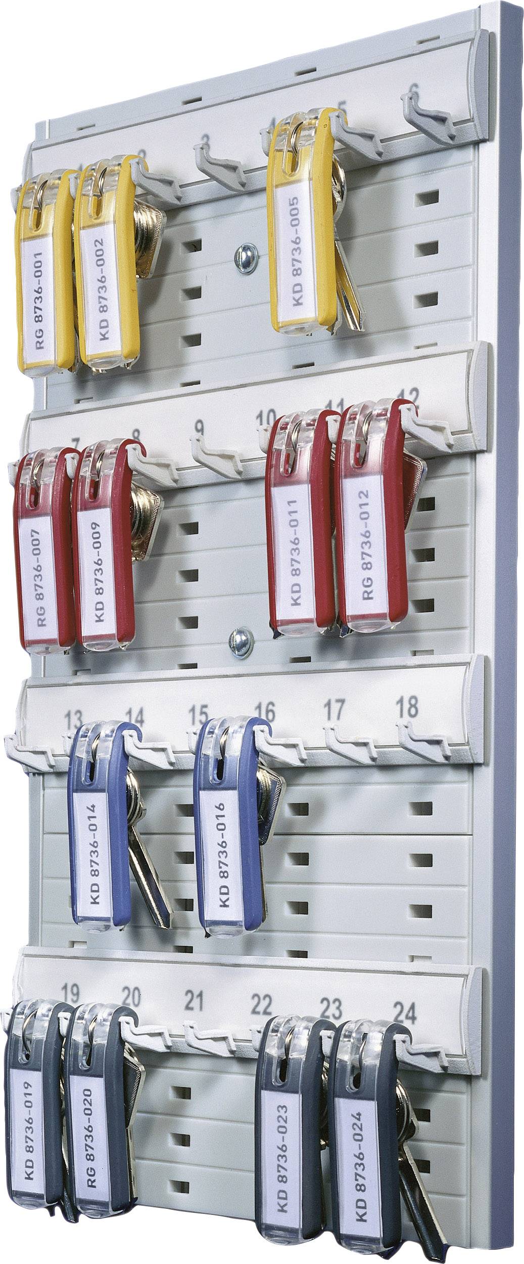Key board with numbered hooks, on which several keys hang with coloured tags. A system for organised key management.