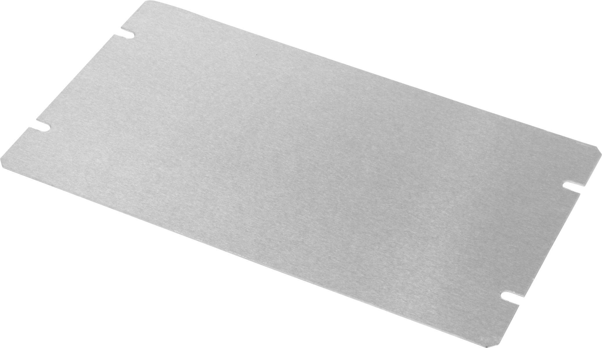 Metal plate with a rectangular shape and chamfered corners, has four small recesses at the edges for potential mounting.