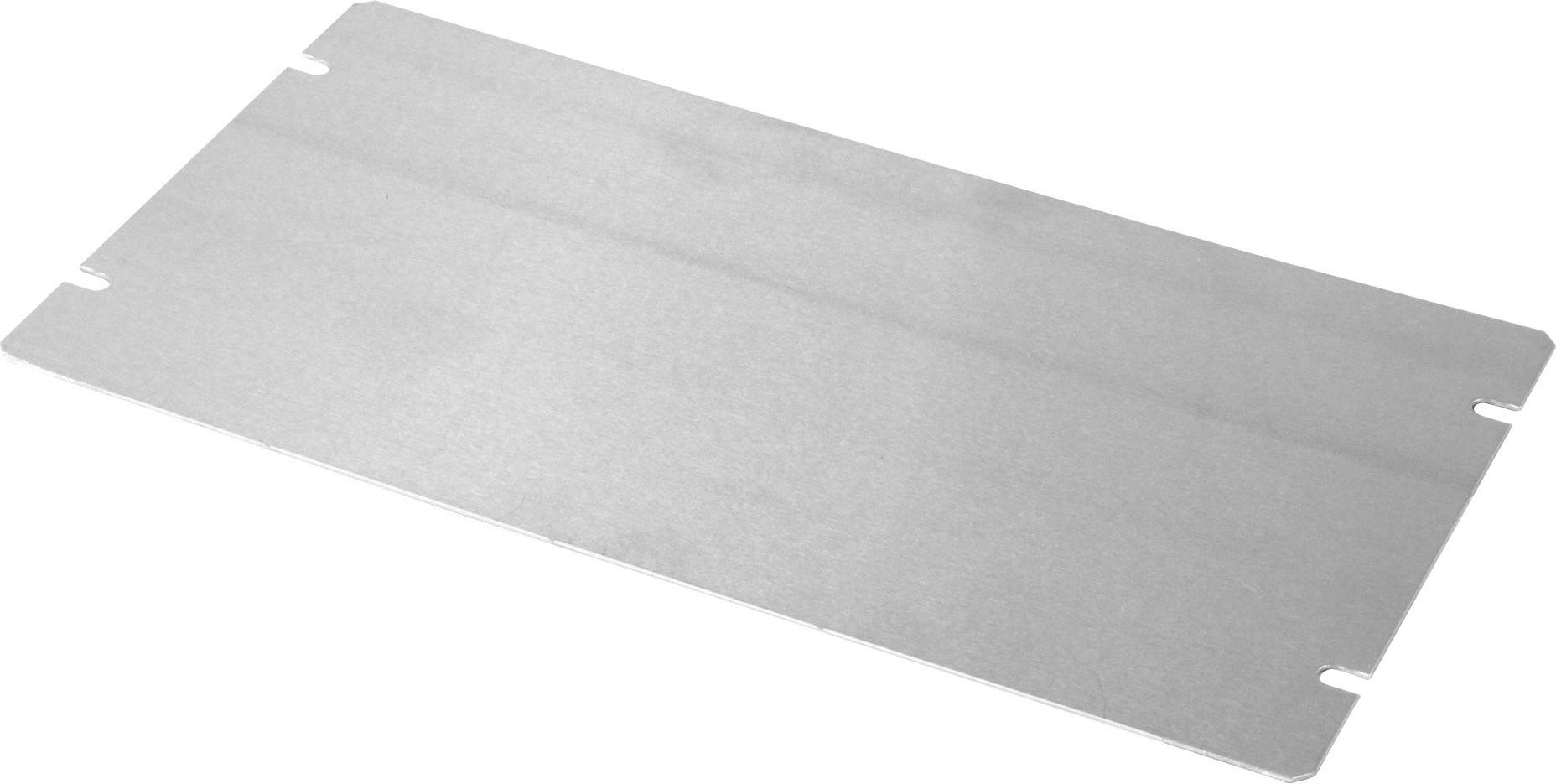 Rectangular, flat metal plate with rounded corners and side slots, potentially used as a cover or connecting component.