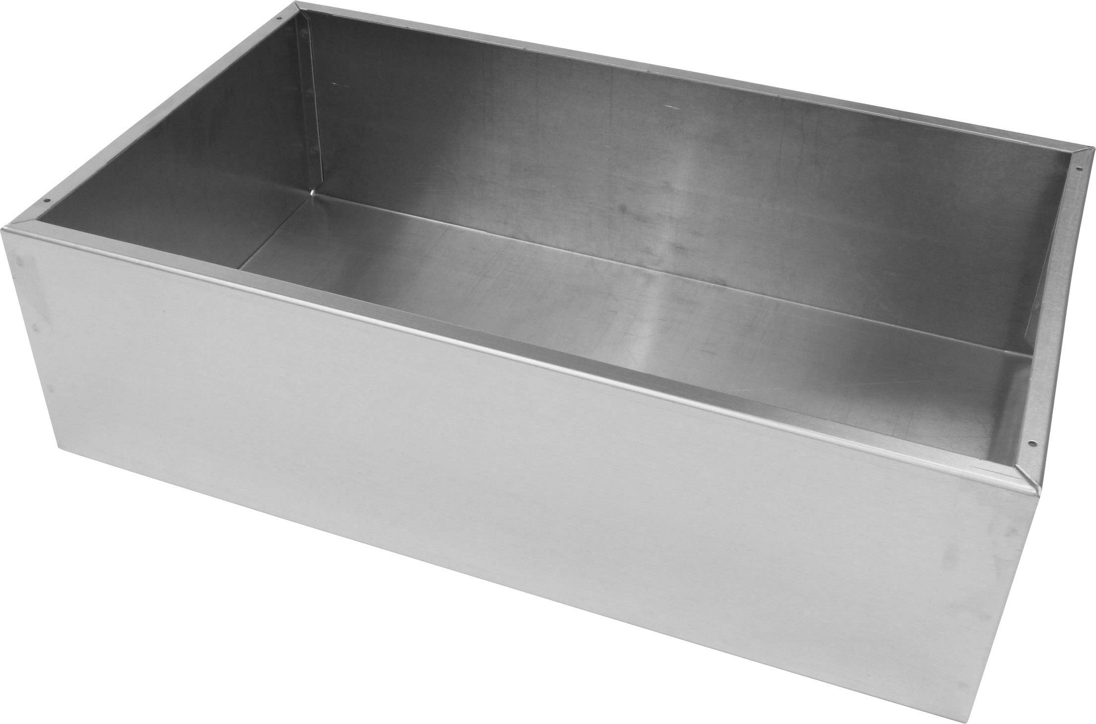 Silver rectangular metal box with a smooth surface, opened to reveal its empty interior.