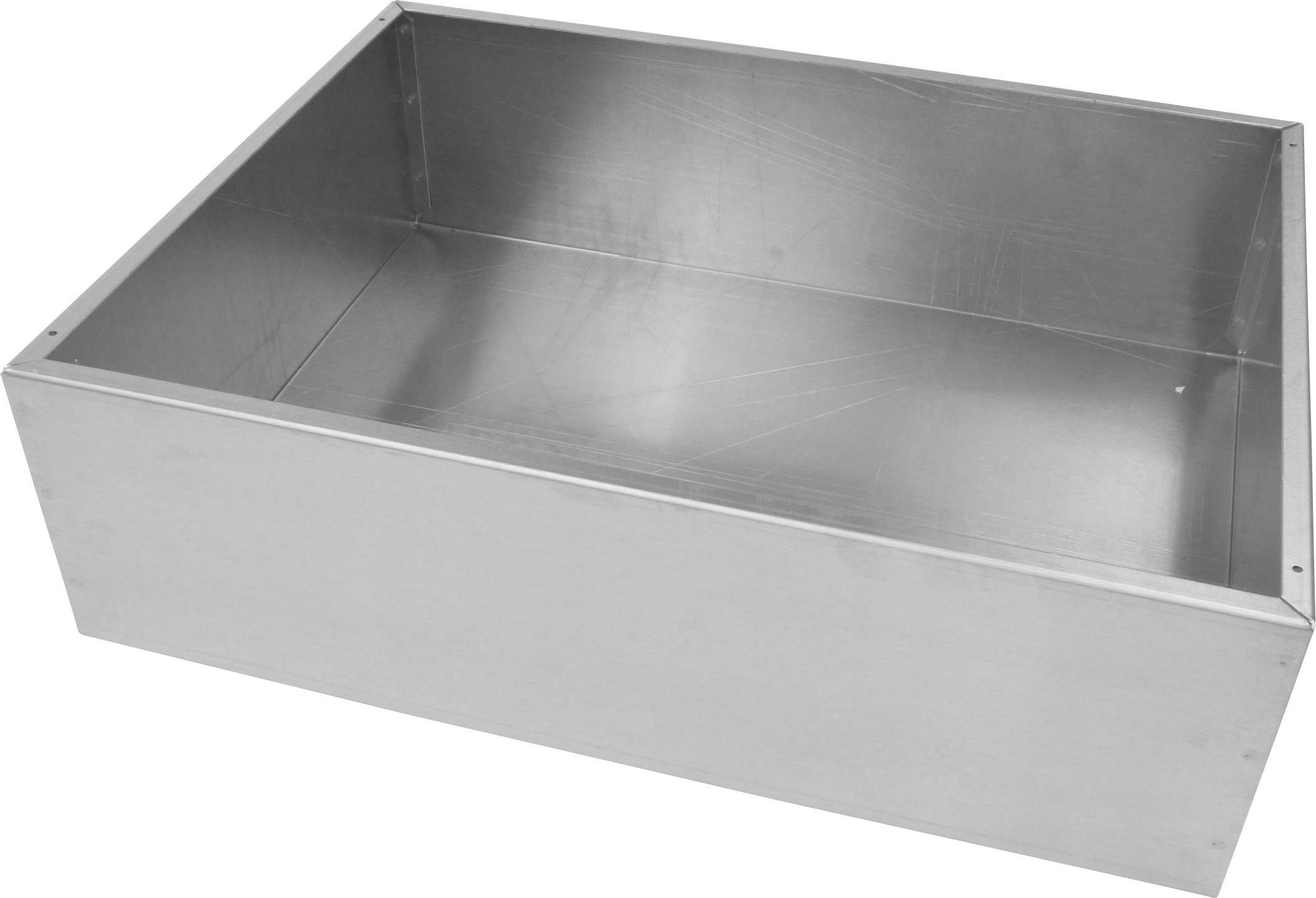 Rectangular, stainless steel box.