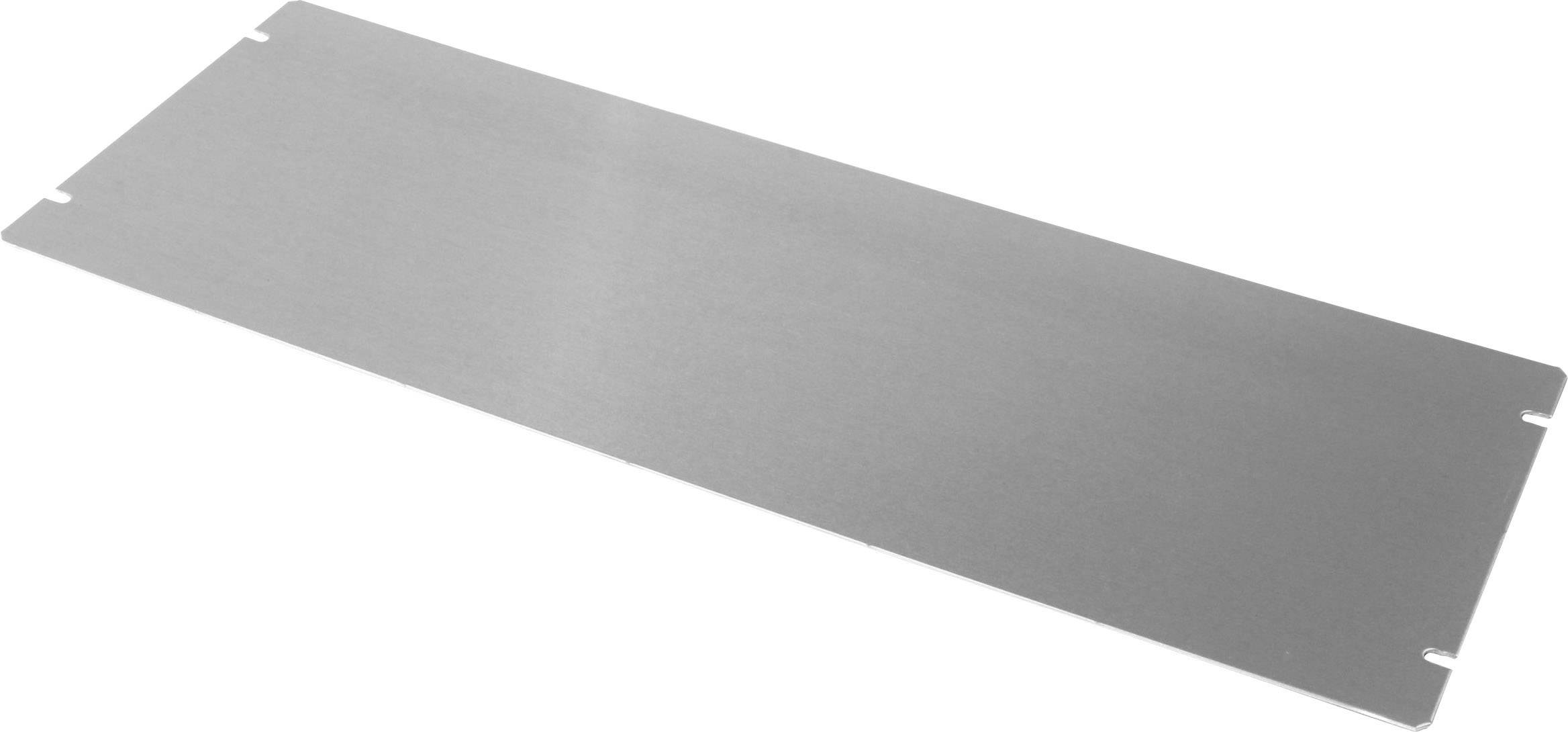A rectangular metal plate with two small notches at each short end.