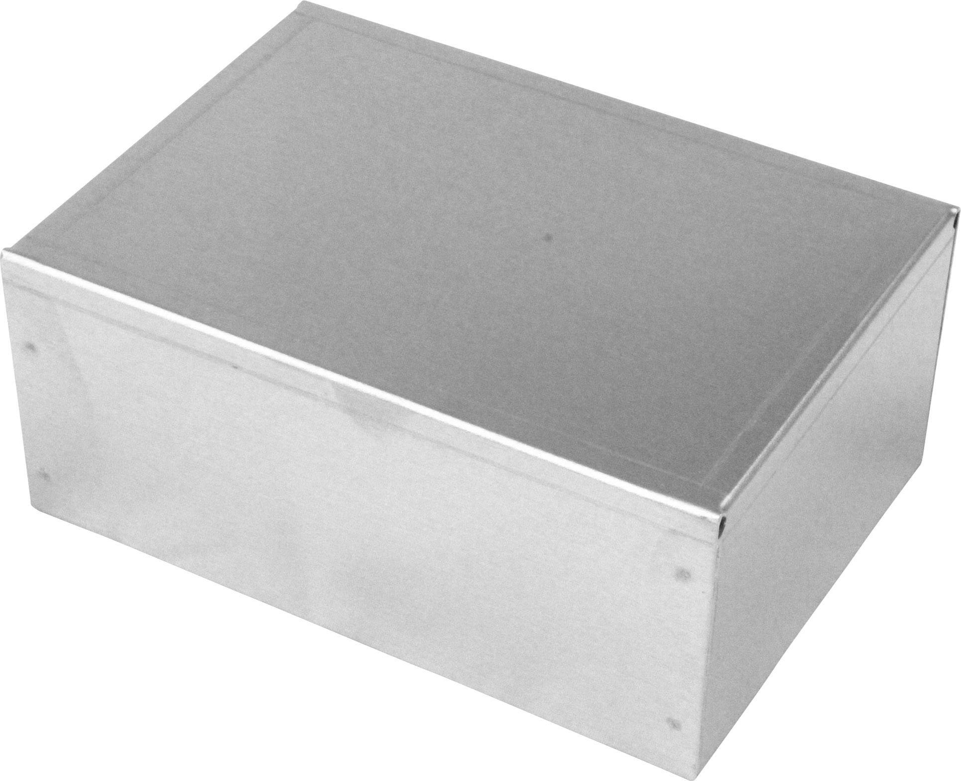Metal box with a rectangular shape and smooth surface. It is closed and without visible details.