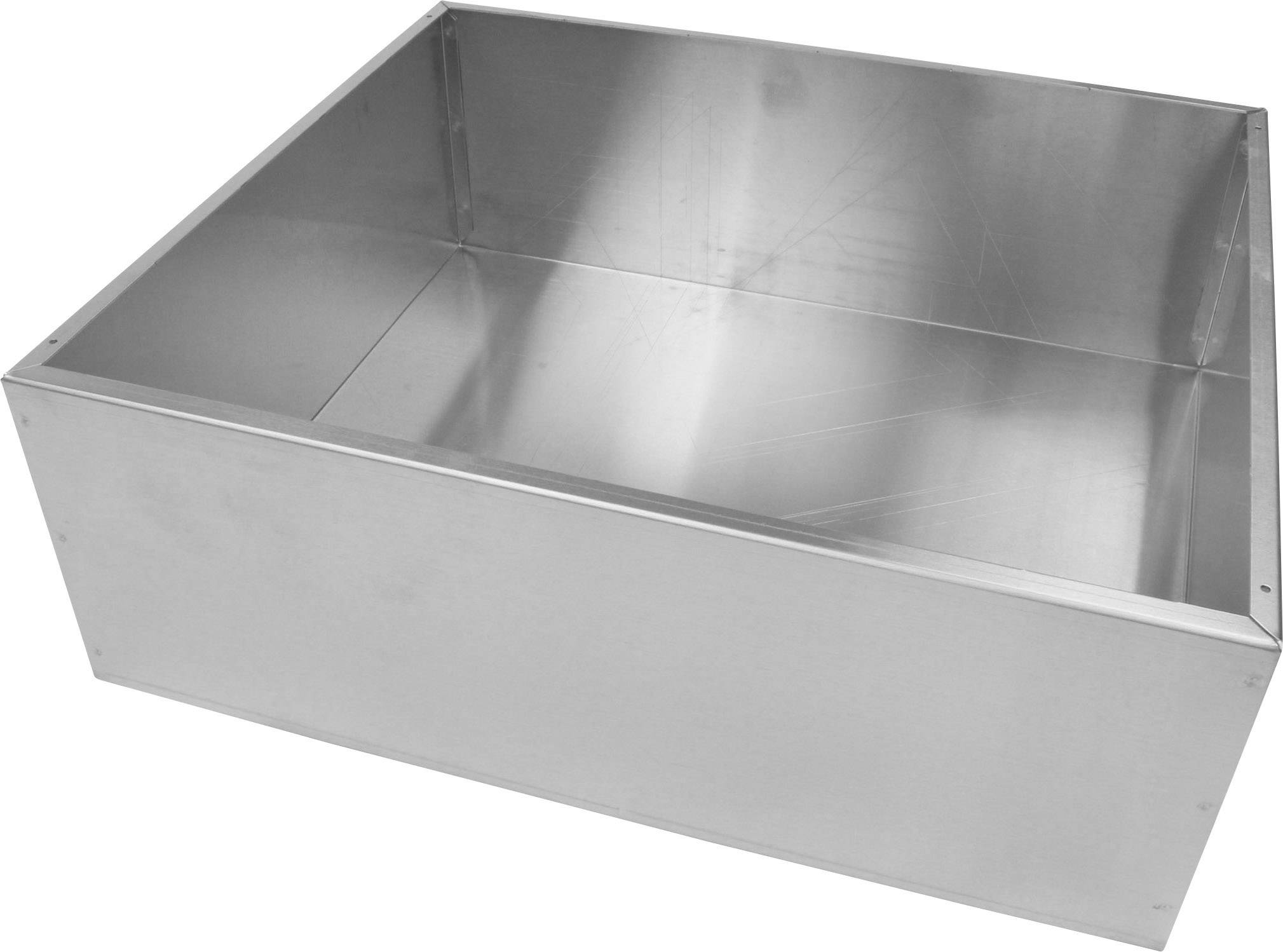 A rectangular metal container with smooth, glossy surfaces. Suitable for industrial or commercial applications.
