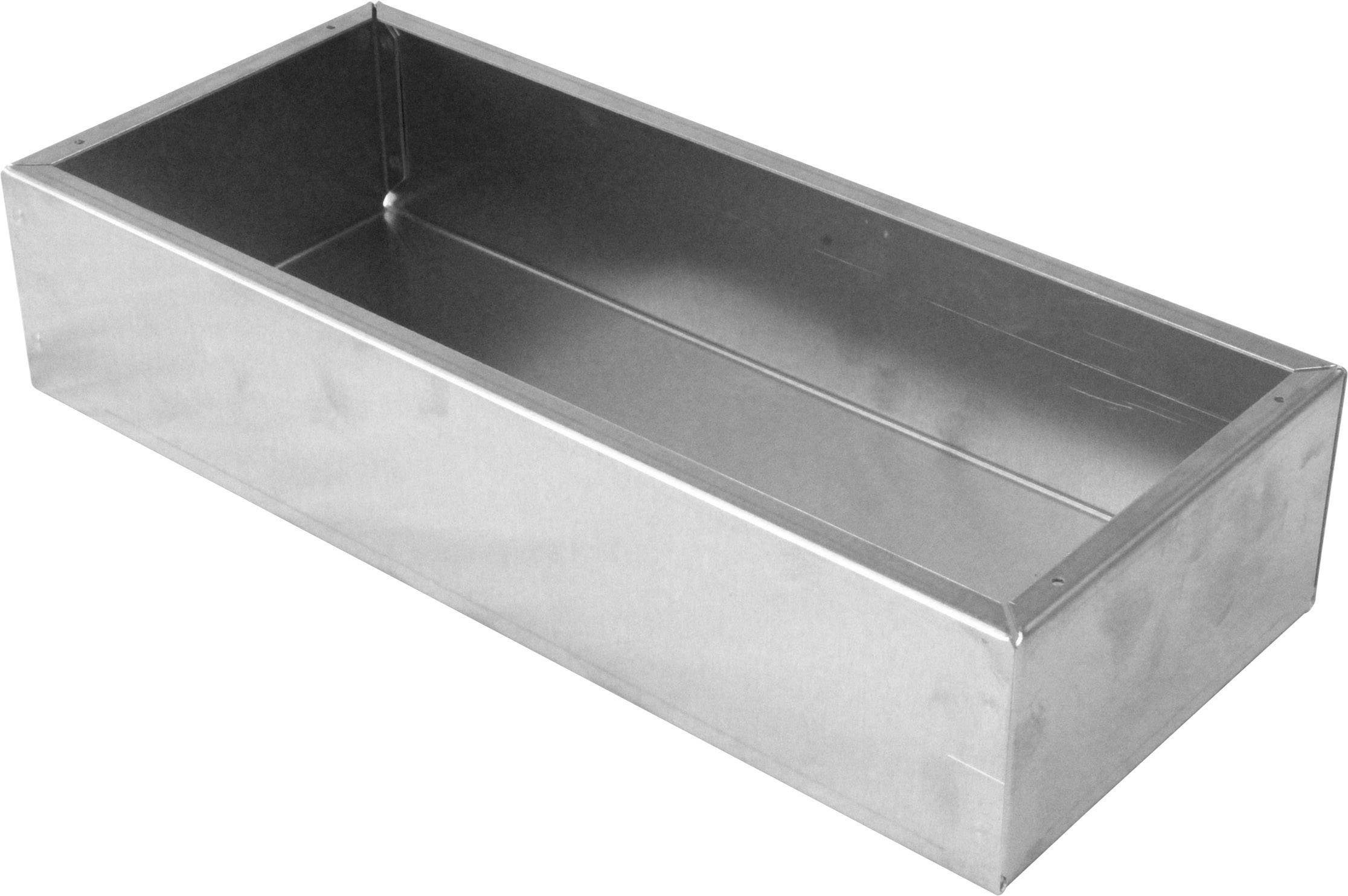 Empty rectangular metal box without a lid, made of silver-coloured sheet metal.