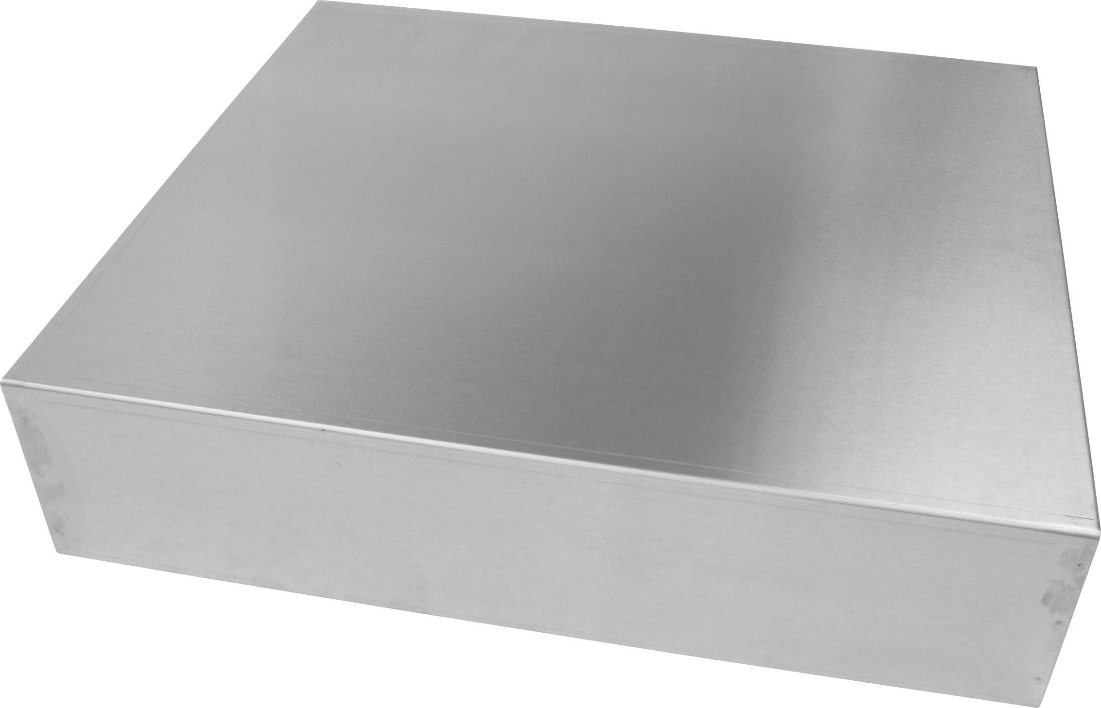 Metal box with a smooth, shiny surface, in a rectangular shape, on a light background.