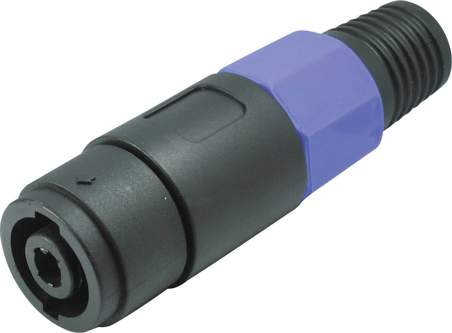 A black, cylindrical plug with blue details on a white background. Suitable for audio connections.
