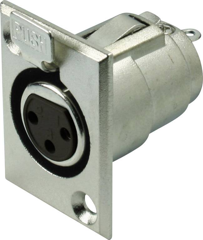 The figure shows an XLR socket with a metal housing, two mounting holes, and a 'push' button for unlocking the plug.