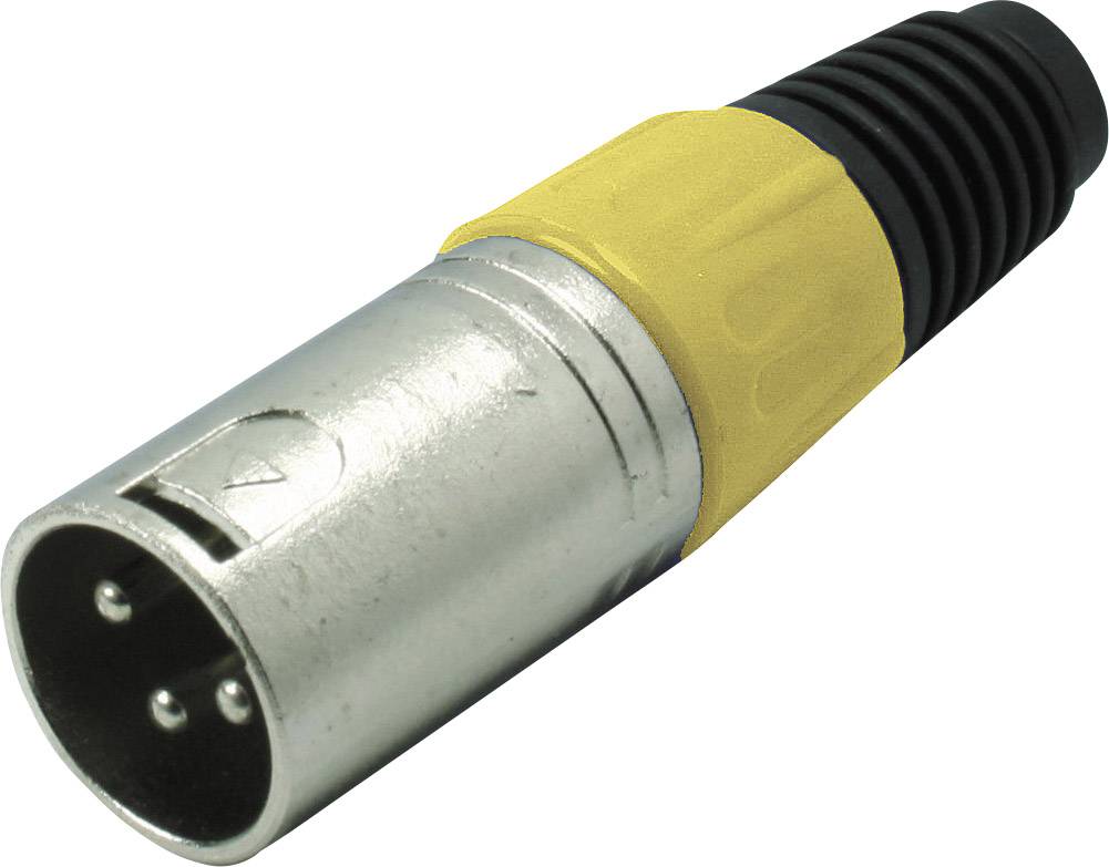 A yellow and black three-pin XLR connector, used in audio engineering to connect microphones and audio equipment.