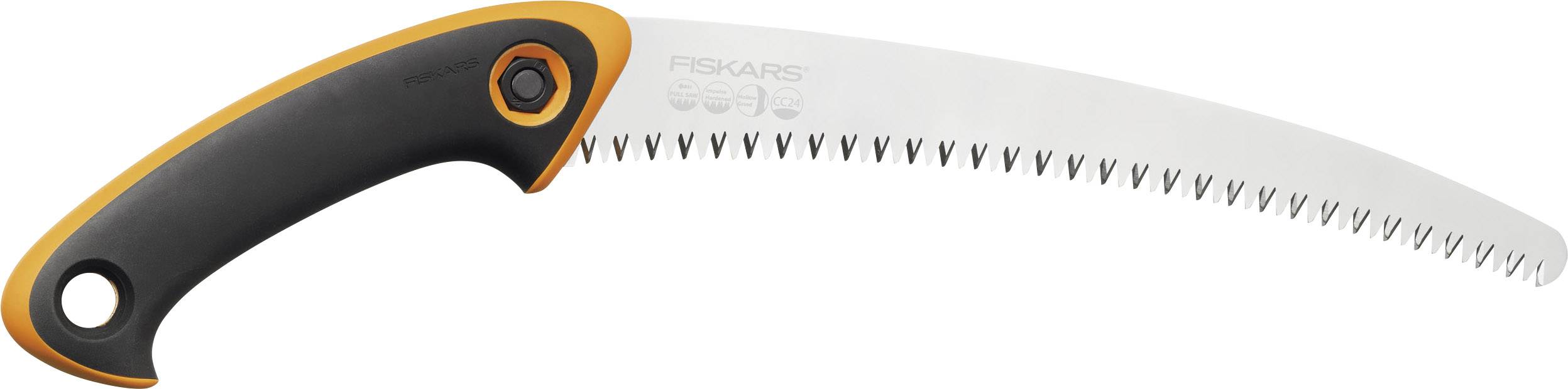 Garden saw with a black and orange handle and curved blade, suitable for cutting branches and shrubs.