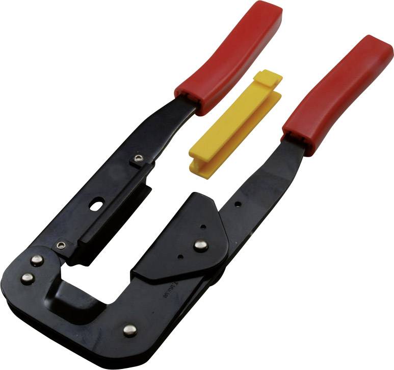 Metal crimping tool with red handles and yellow accessory part. Used for connecting cables with connectors.