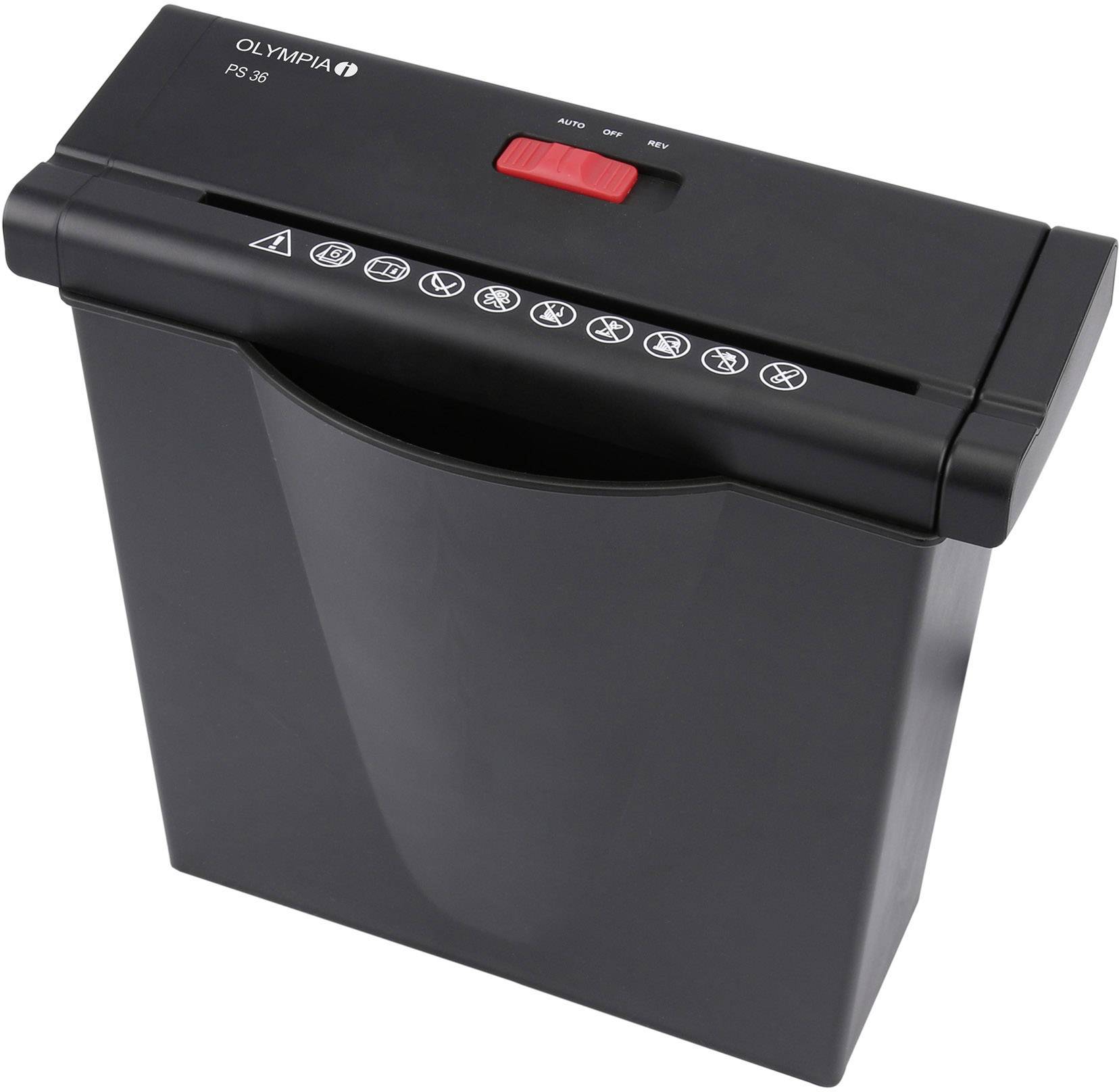 A black paper shredder with safety warning symbols and controls on top. Essential for securely destroying documents.