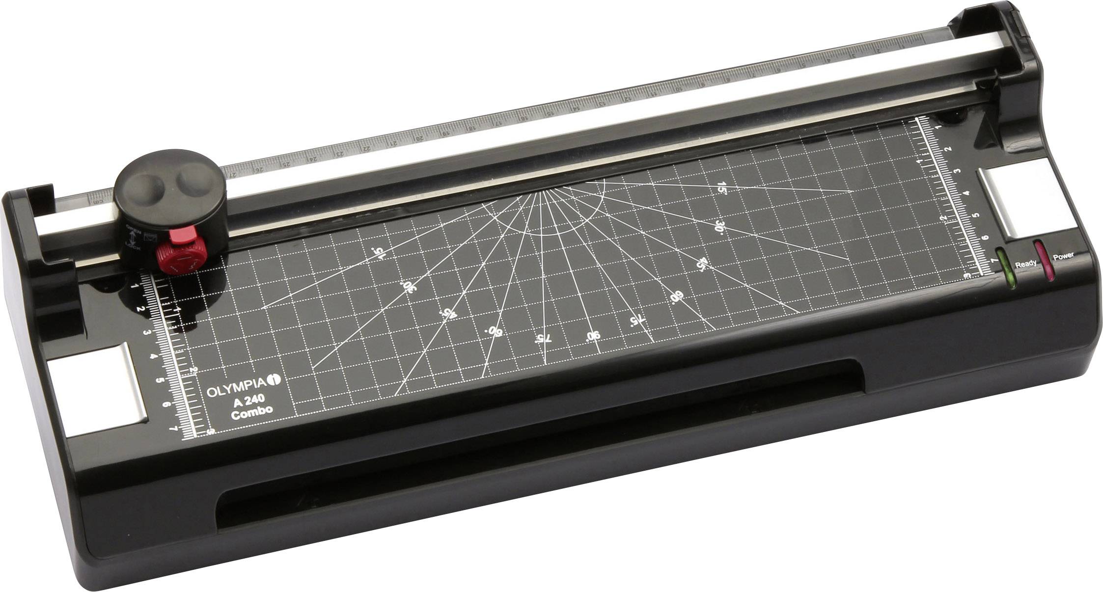 Paper cutting device with a cutting head that moves along a guide rail, positioned on a black and white chequered base.