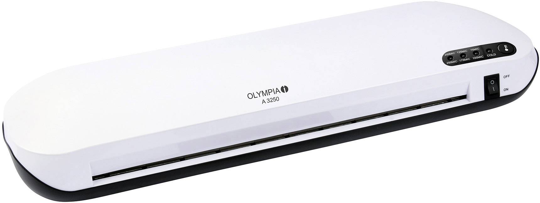 White, oval laminating machine 'OLYMPIA A 330' with control elements on the top right.