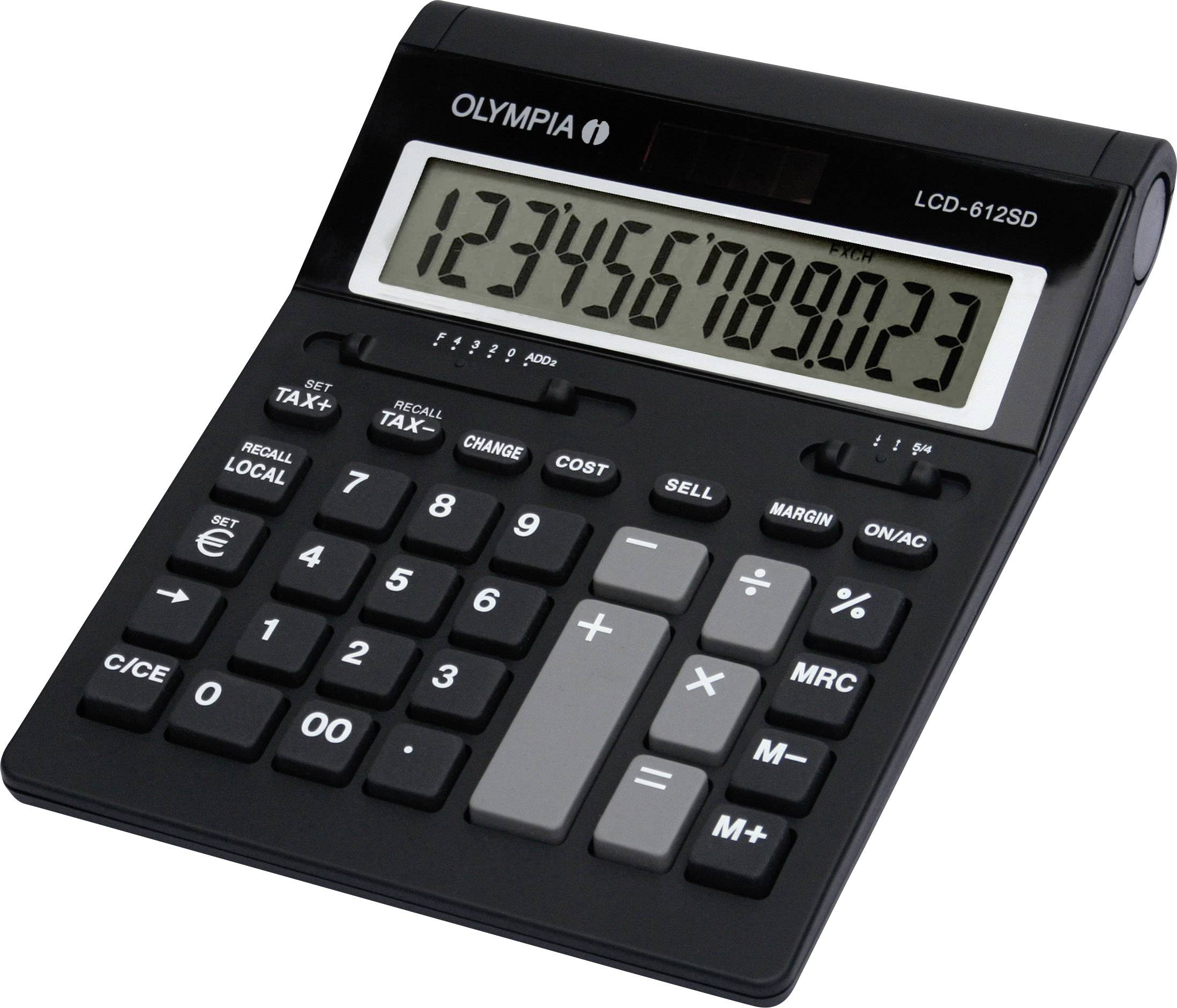 Black desktop calculator with large, white buttons and digital display, showing the number '123,456,789.023'.<br><br>Note: In British English, commas are used as thousand separators in numbers, and the decimal point remains the same.