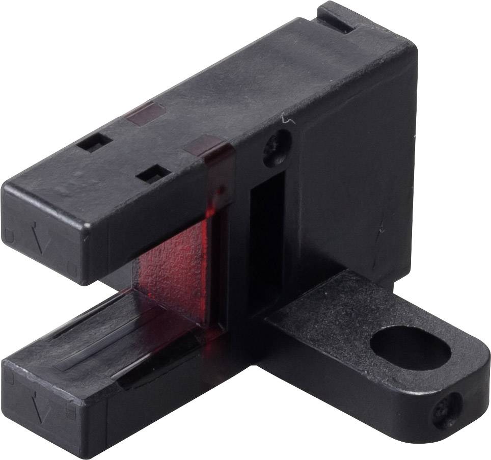 Ein schwarzer optischer Sensor mit rechteckigem Gehäuse und rotem Licht, montiert auf einer flachen Basis mit einem runden Loch rechts.