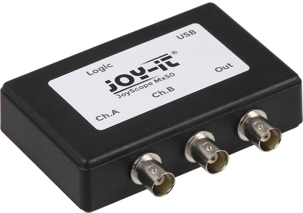 'Joy-IT JoyScope MX50' Logic Analyser with USB connection, two BNC channels (Ch.A, Ch.B) and one output, for analysing electronic signals.