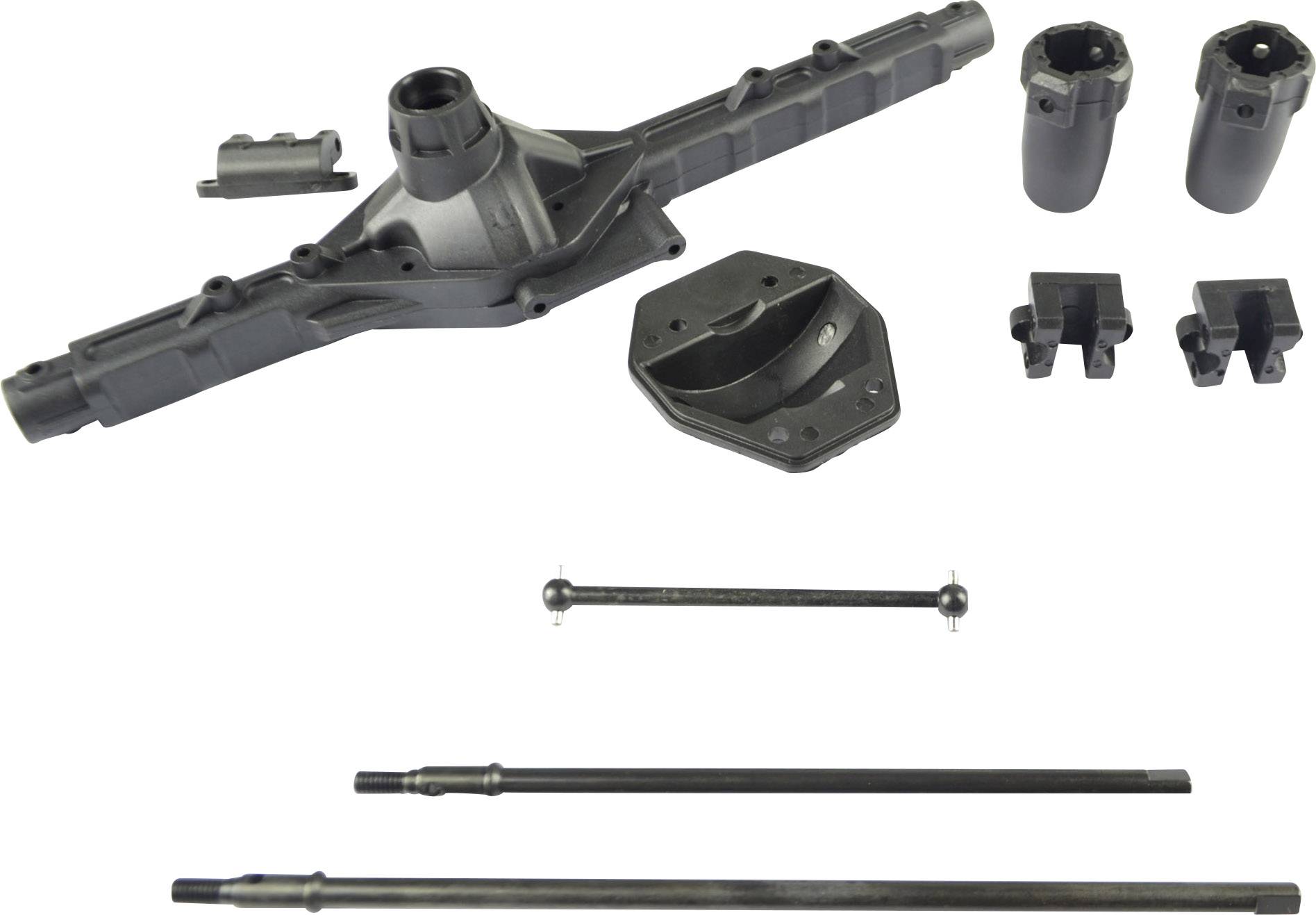 Parts of an RC car axle kit, including axles, housings, and connecting components.