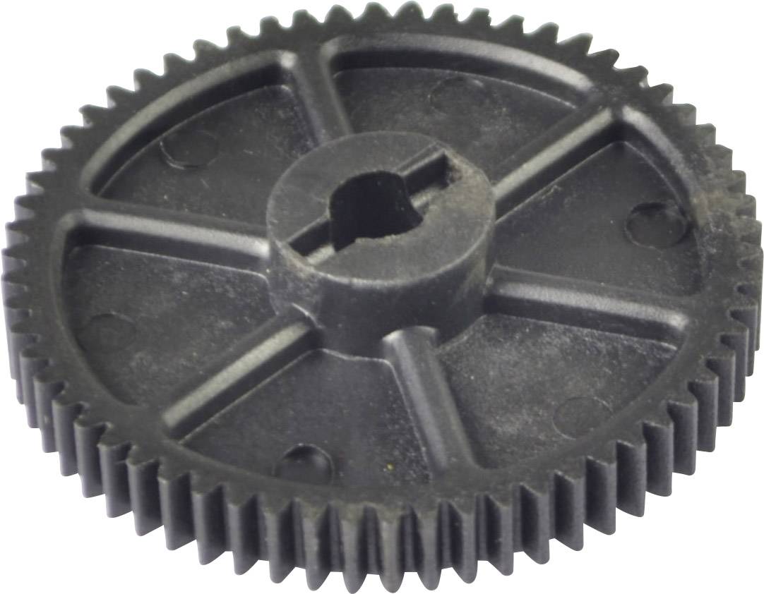 A black plastic gear wheel with a hexagonal hole in the centre and multiple spoke-like reinforcements.