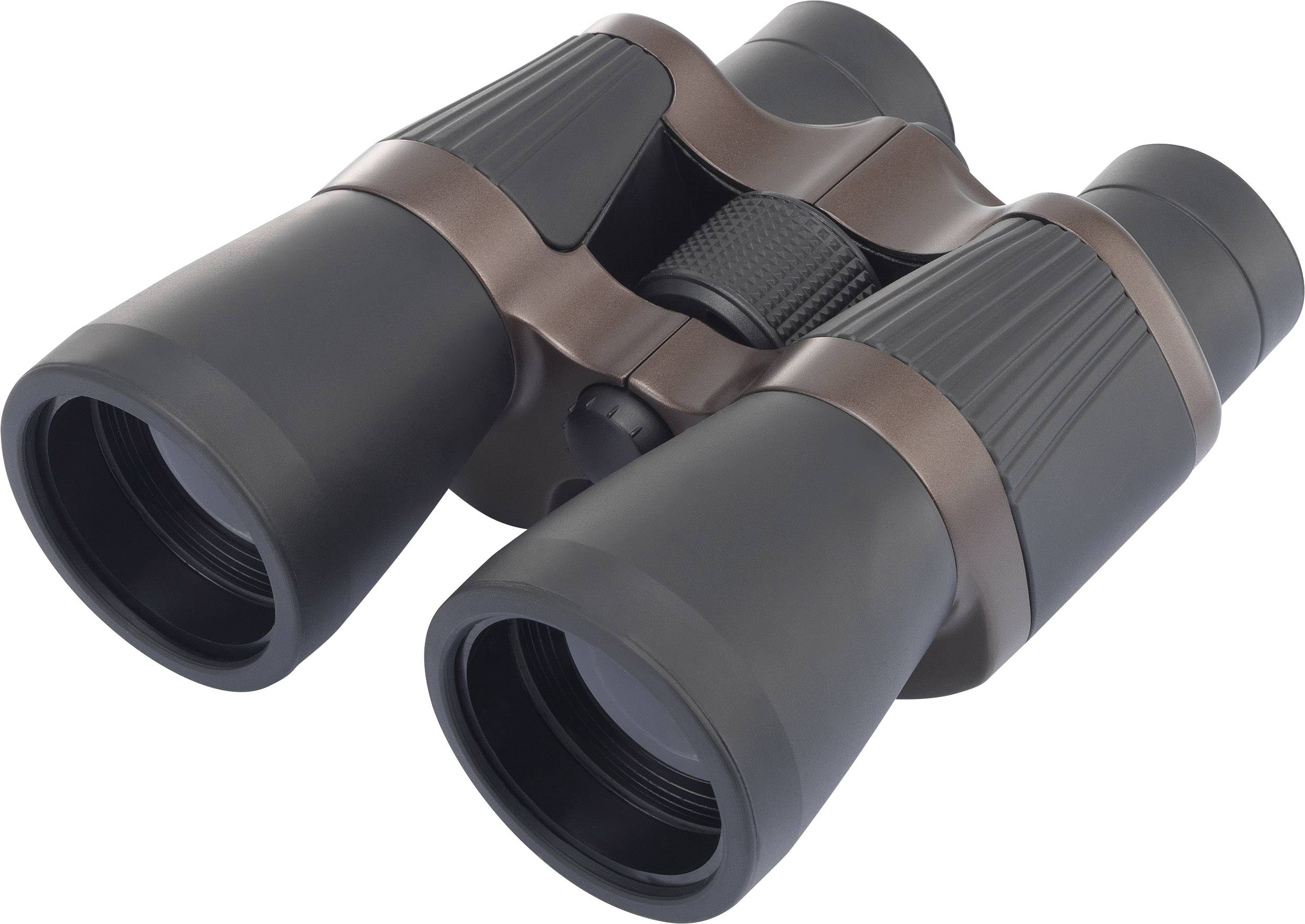 Binoculars with brown and black details, lying on a flat surface.