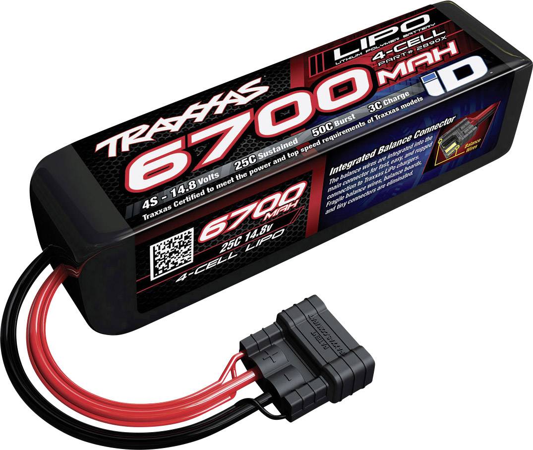 A black Traxxas LiPo battery with 6700 mAh capacity and 14.8 volts. Red and black cables are connected.
