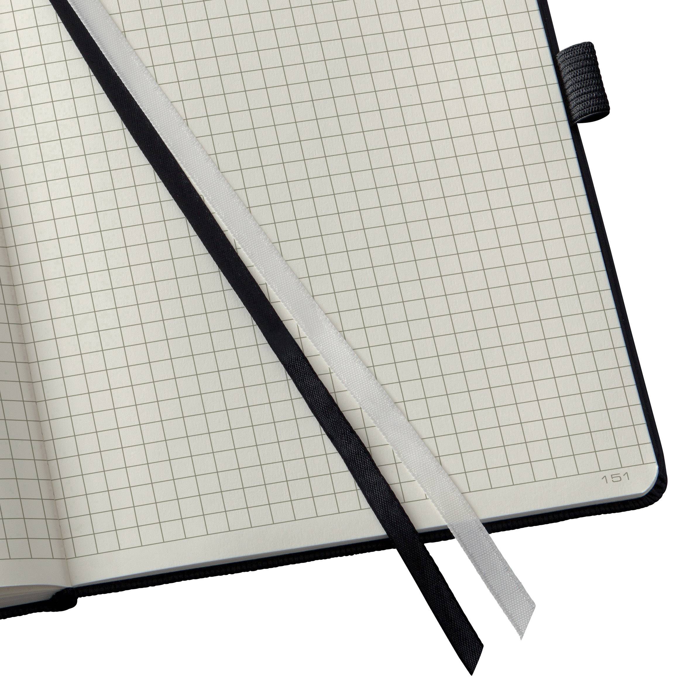 An open notebook with graph paper pages and two ribbon bookmarks, one black and one white, on the right-hand page.